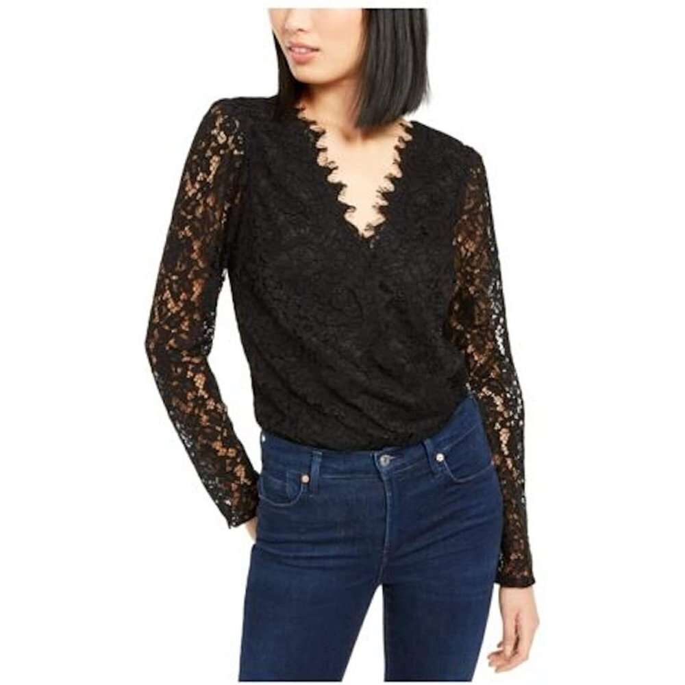 New Leyden Lace Black Bodysuit Snap Closure Long S